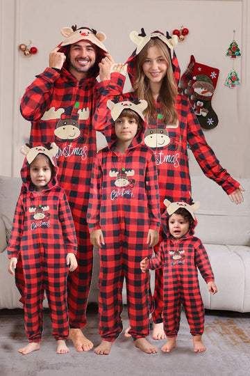 Red One Piece Deer Printed Plaid Christmas Family Matching Pajamas